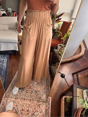 Free People Women's Brown Ribbed Cotton Wide-Leg High Rise Pull On Pants S